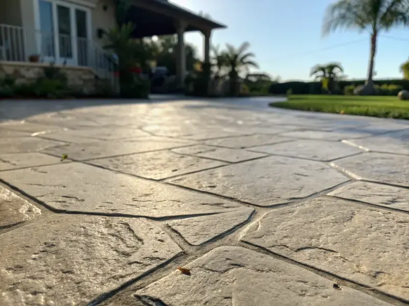 Close-up ground-level view of freshly installed stamped concrete overlay with flagstone pattern on a Florida property
