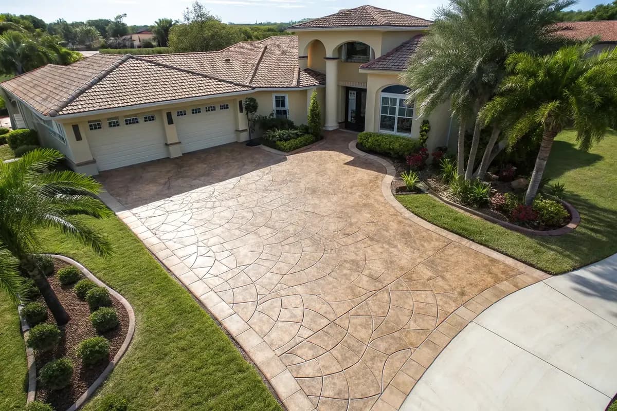 Aerial view of a luxury Florida home with beautifully stamped concrete driveway overlay in cobblestone pattern