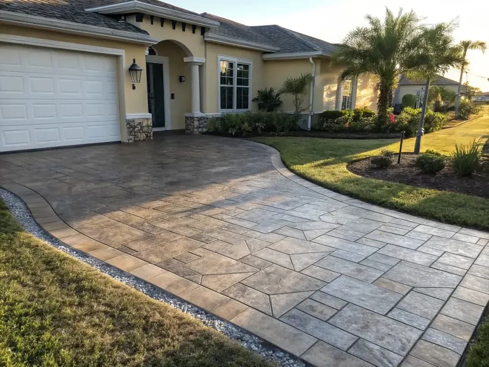 Florida home with freshly resurfaced stamped concrete driveway in ashlar slate pattern at golden hour