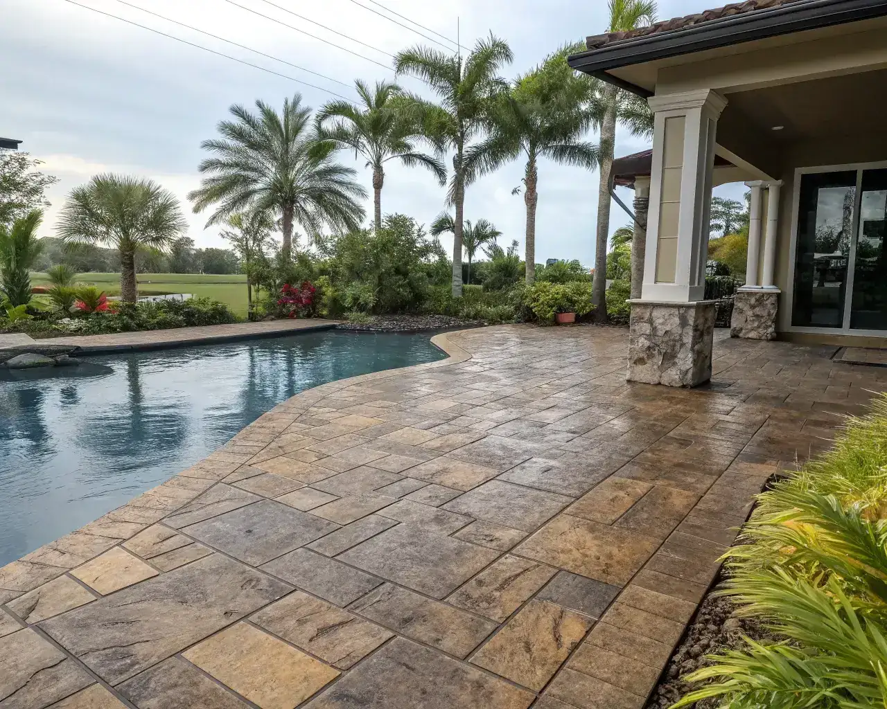 Stamped concrete pool deck and patio with ashlar stone pattern at Florida luxury home with palm trees