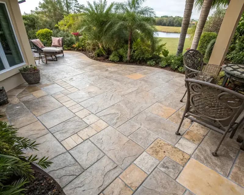 Florida luxury home with stamped concrete patio and pool deck surrounded by tropical landscaping