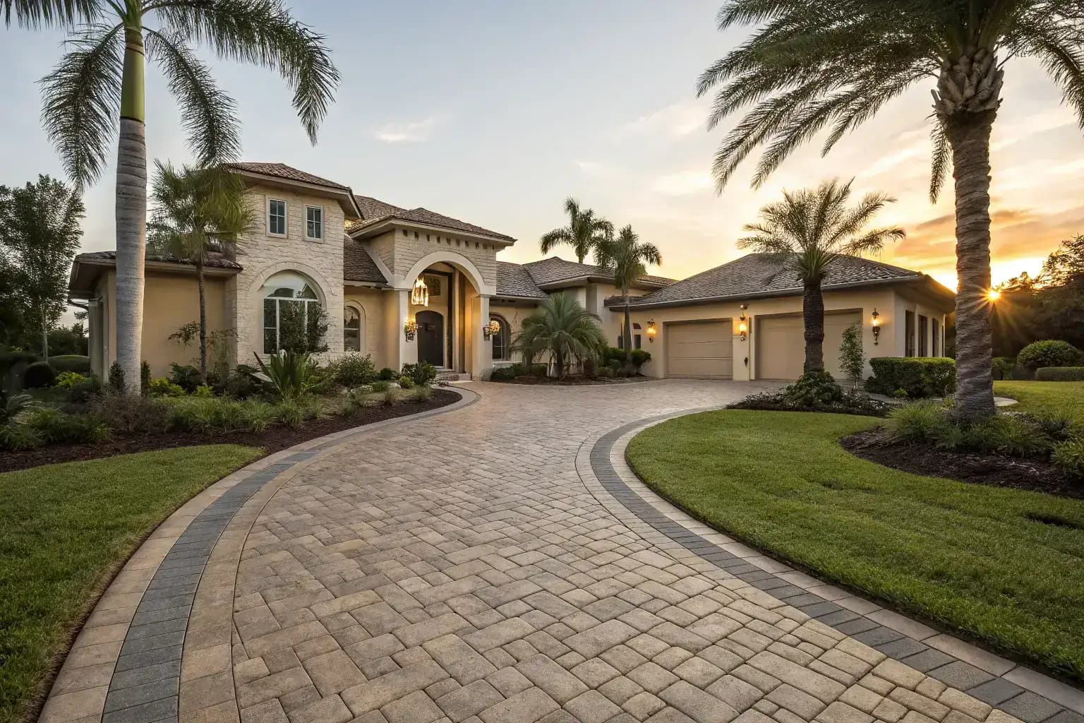Elegant Florida luxury home with stamped concrete cobblestone driveway lined with palm trees at golden hour