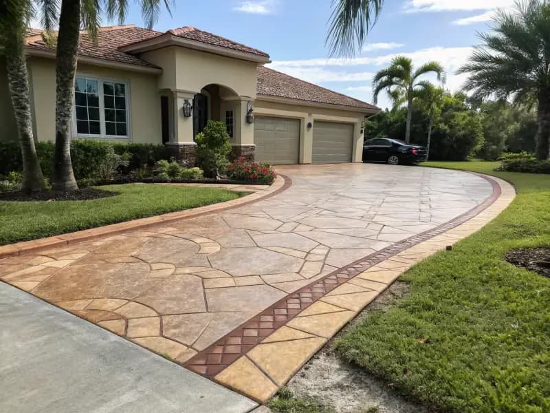 Beautiful stamped concrete driveway with flagstone pattern leading to a Florida home with tropical landscaping