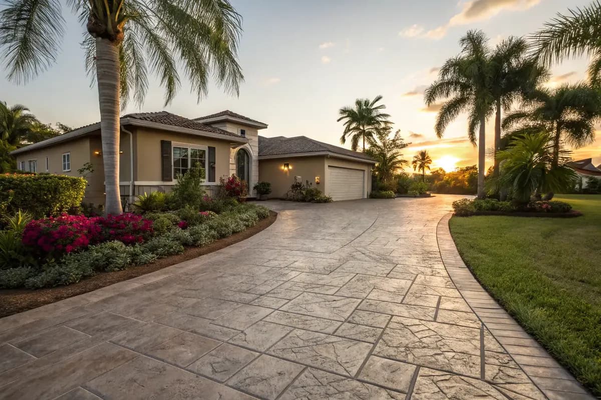 Stunning stamped concrete driveway with ashlar slate pattern leading to a beautiful Florida home surrounded by tropical landscaping at sunset