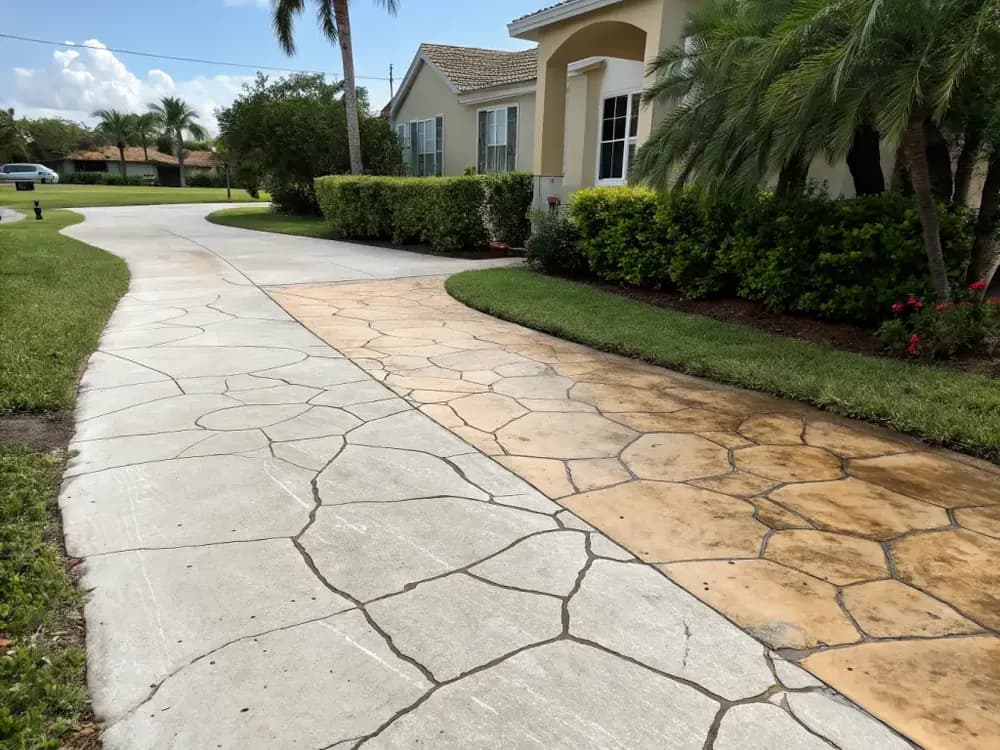 Before and after comparison of a Florida driveway — cracked plain concrete on the left transitioning to a beautiful stamped flagstone overlay on the right