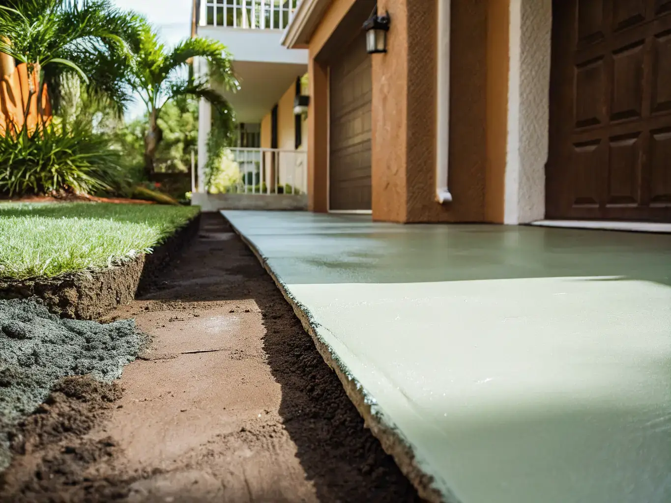 Low-angle view of freshly resurfaced concrete driveway leading to a Florida home garage