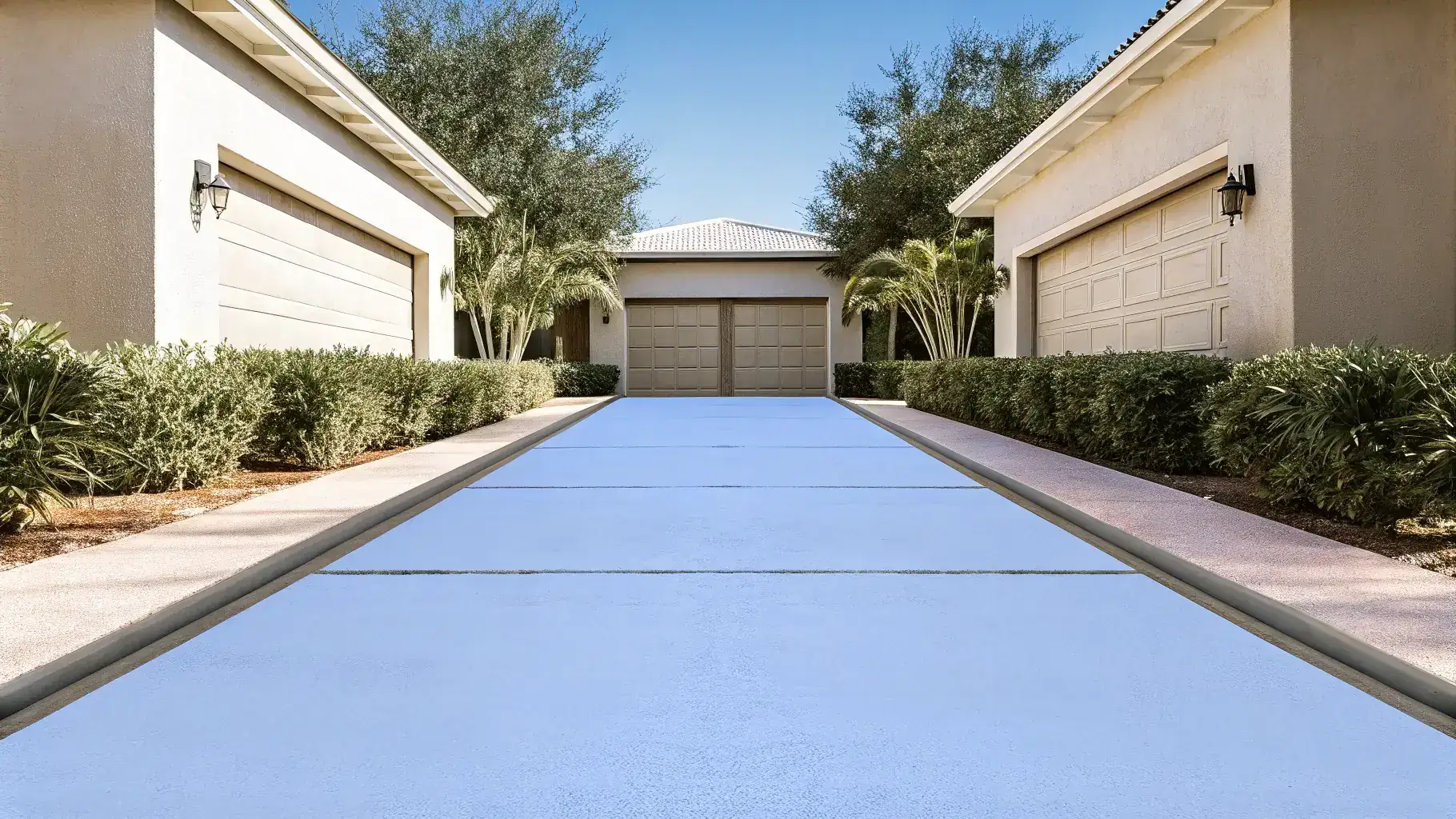 Freshly resurfaced residential concrete driveway in Naples, Florida with clean smooth gray overlay leading to a two-car garage