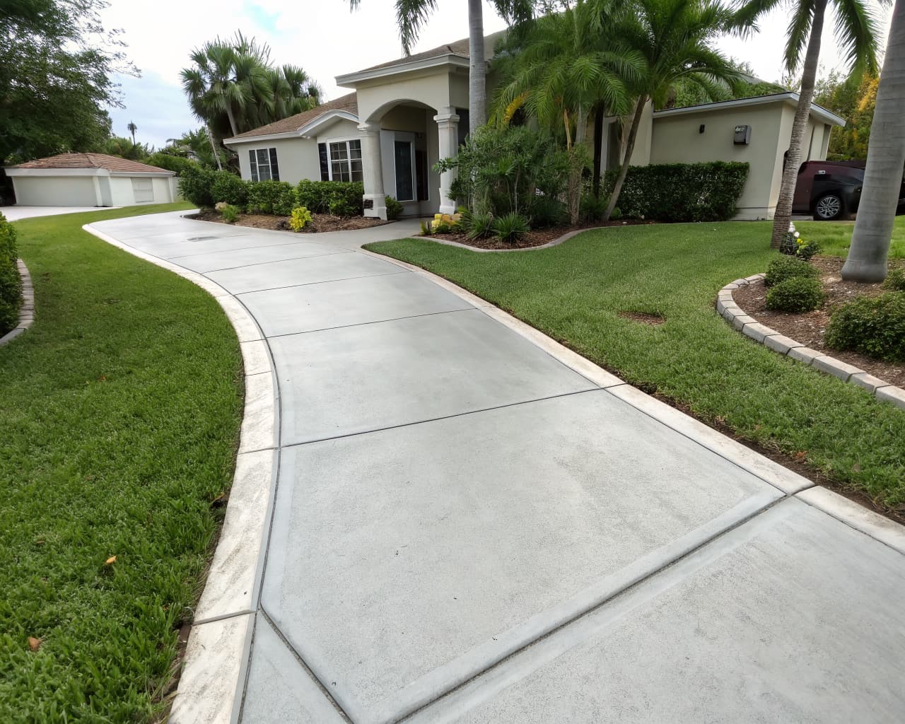 Clean freshly pressure washed concrete walkway leading to a Florida home with lush green lawn