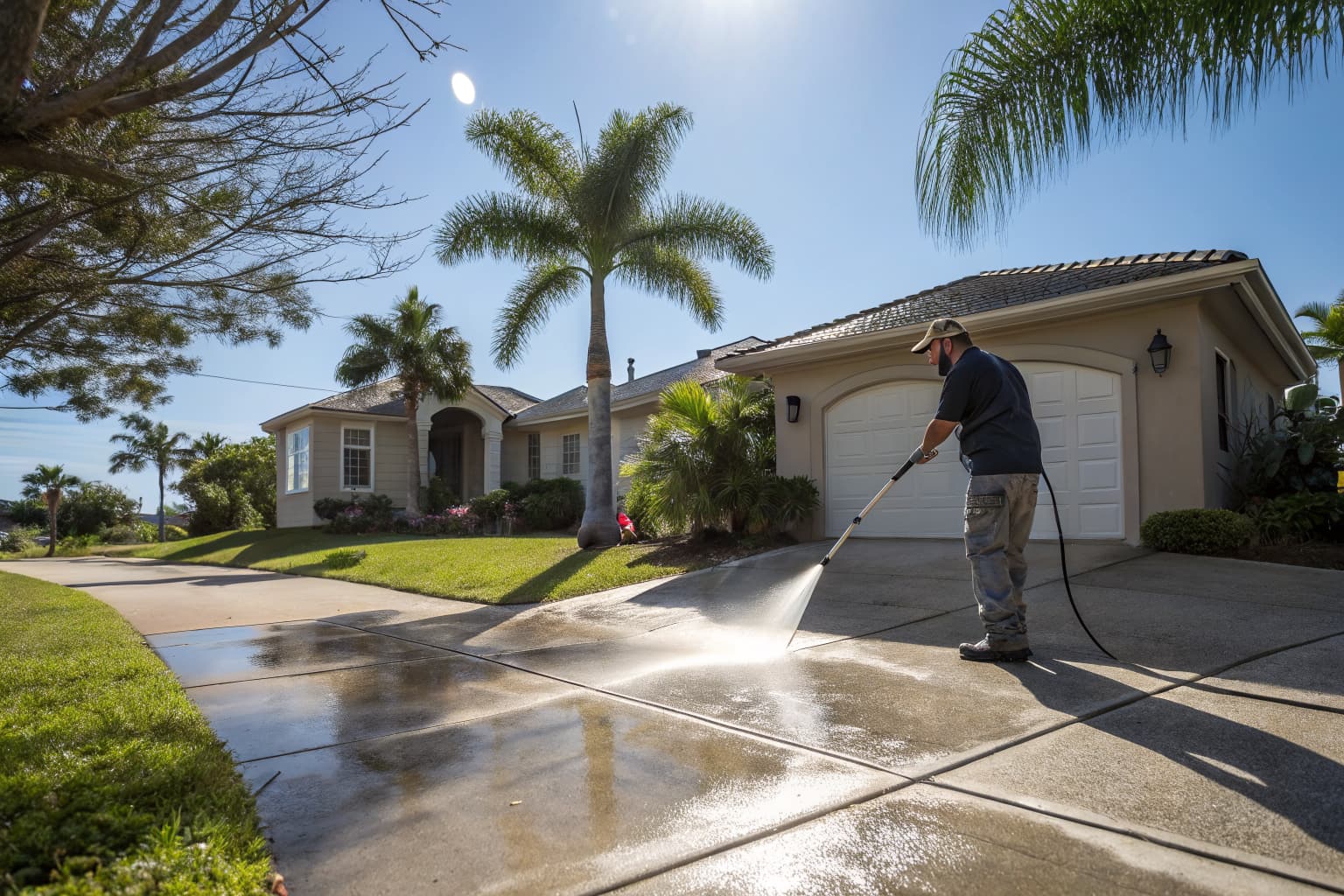 Worker pressure washing a stained concrete driveway in front of a Florida home, clean stripe visible where the surface has been washed