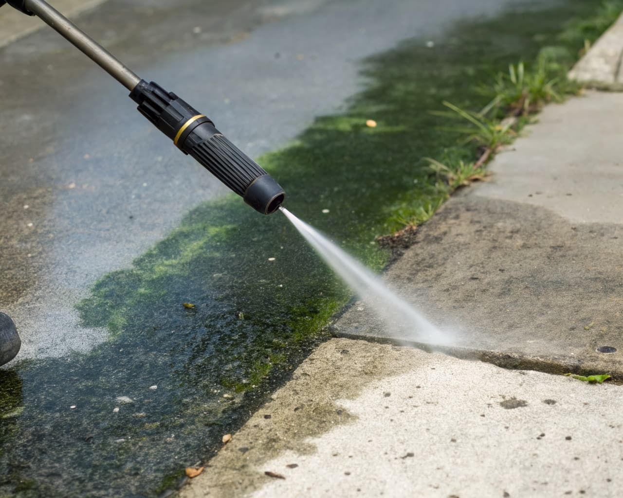 Close-up of a pressure washer nozzle stripping black mold and green algae stains off concrete, revealing clean gray surface underneath