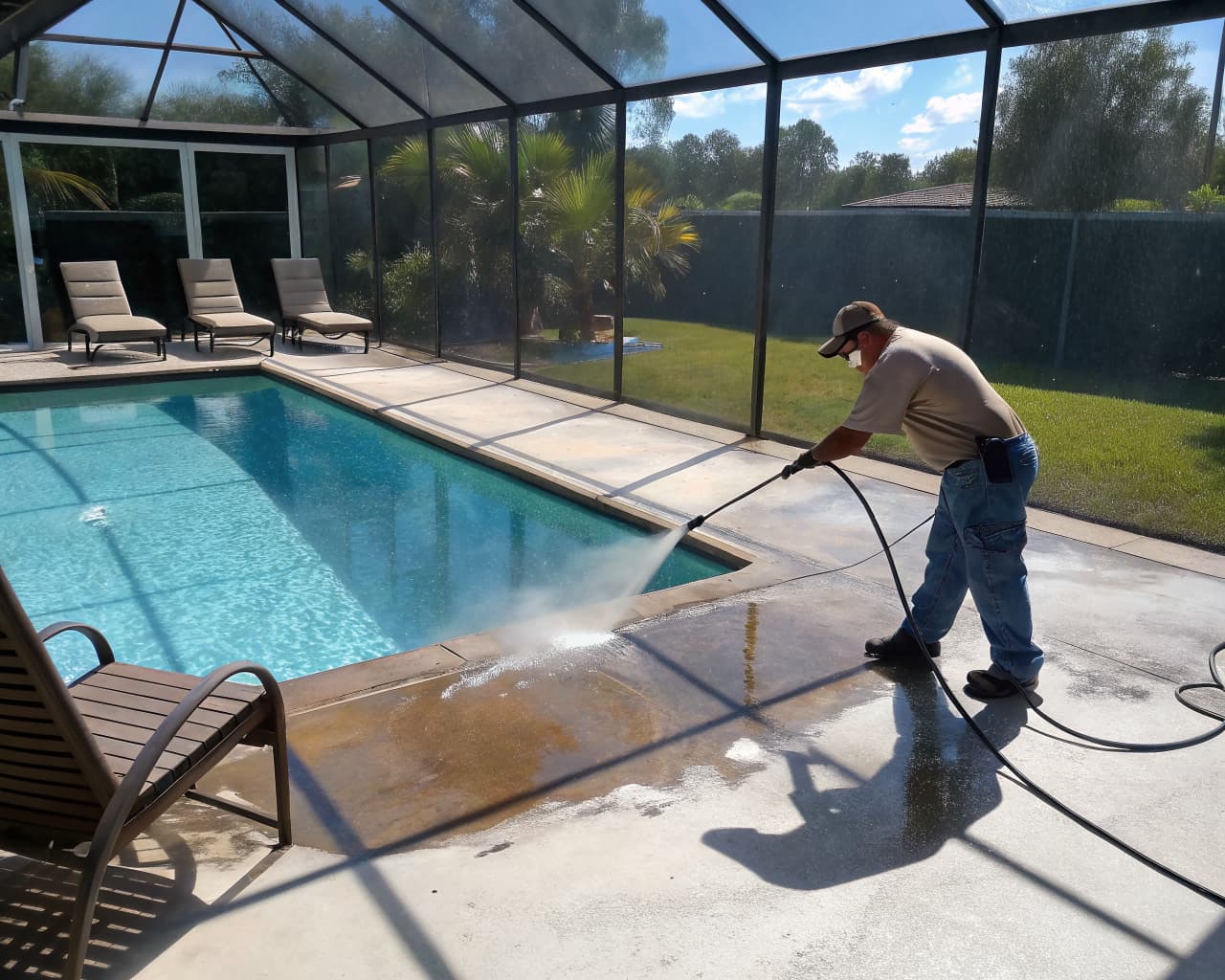 Worker pressure washing a stained screened pool deck in Florida beside a blue swimming pool, clean concrete visible where washed