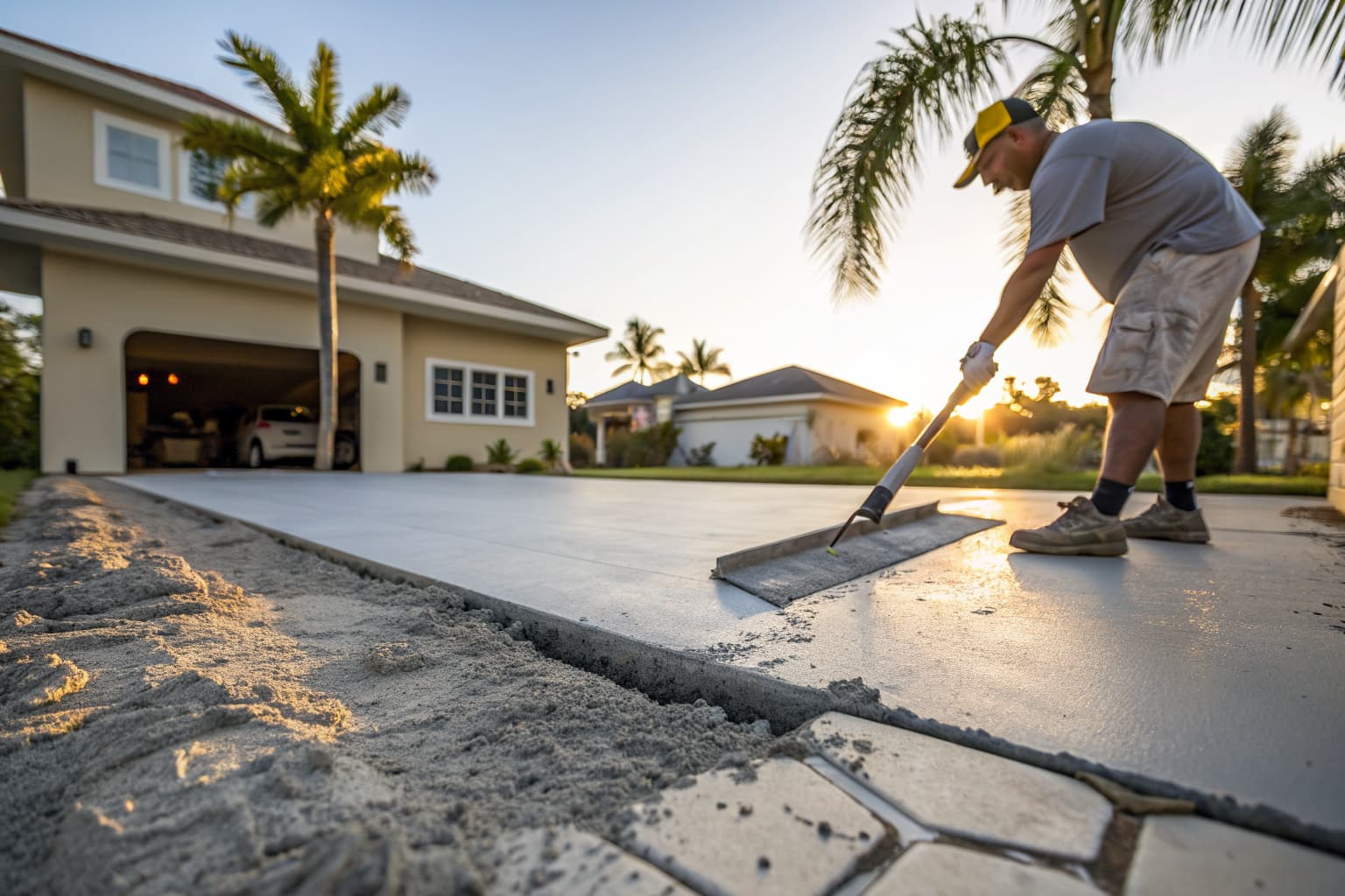 Contractor applying a fresh concrete overlay to a Naples FL driveway during a resurfacing project