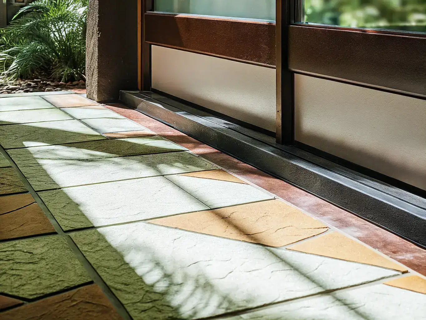 Decorative stamped concrete overlay with colorful flagstone pattern near a Florida home entrance
