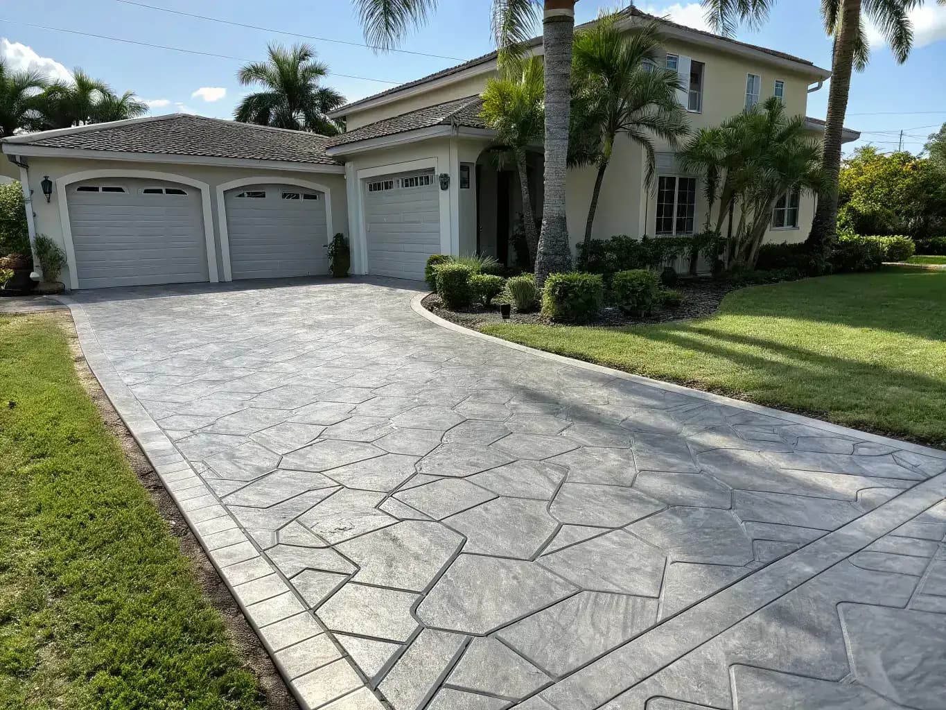 Premium gray stamped concrete with geometric flagstone pattern — Naples, FL