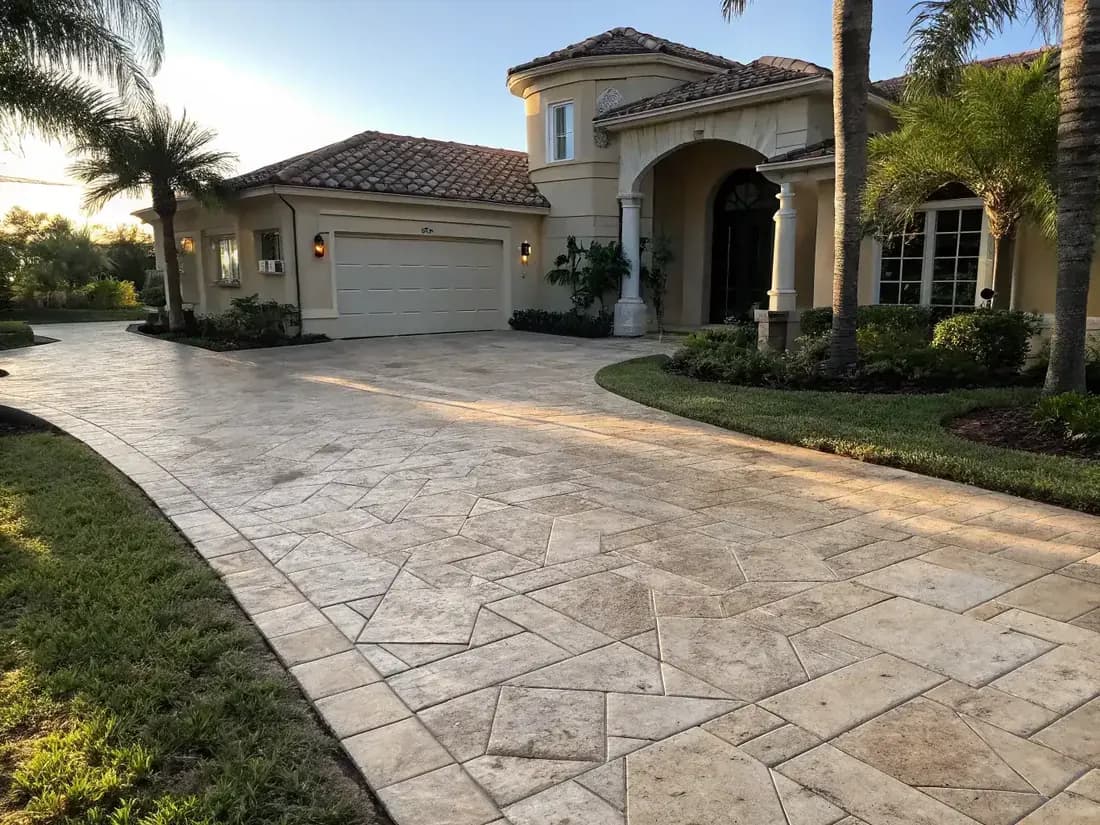 Naples FL driveway resurfaced with a travertine stone-look stamped overlay