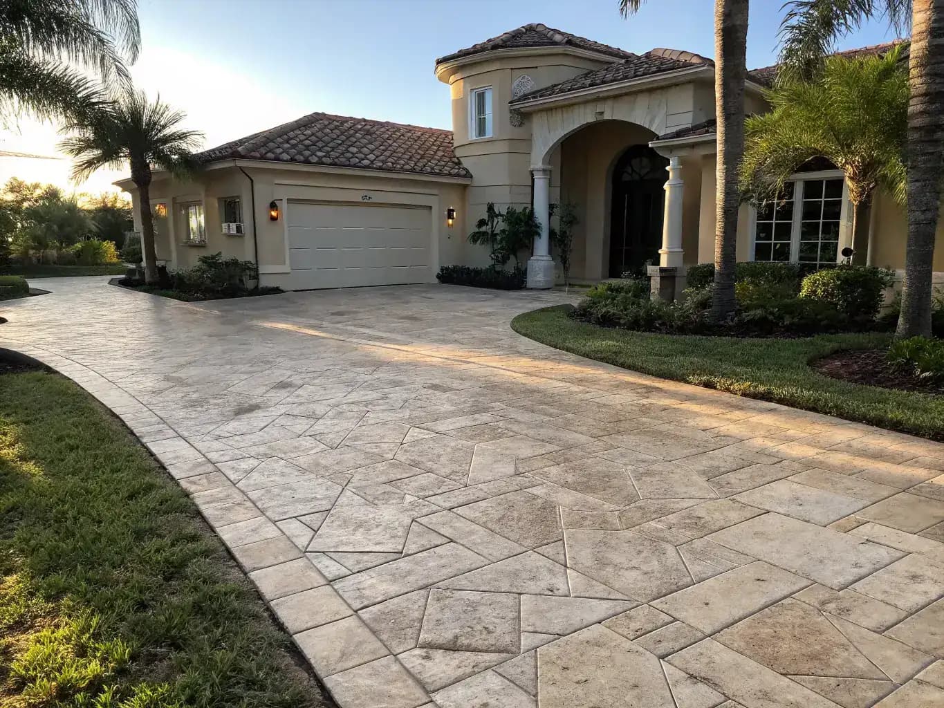 Large-format travertine stamped concrete in soft beige tones matching a luxury Florida home