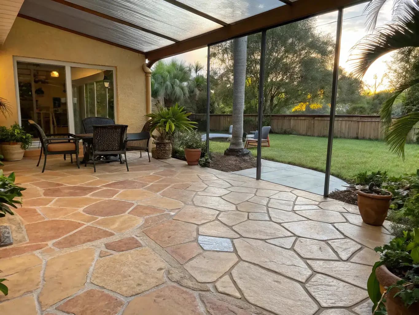 Warm terracotta and beige irregular flagstone pattern under screened lanai with pool view