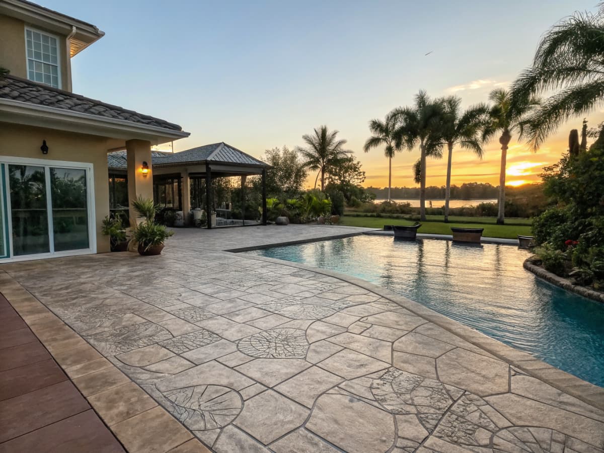 Beautiful stamped concrete pool deck at a Naples Florida luxury home